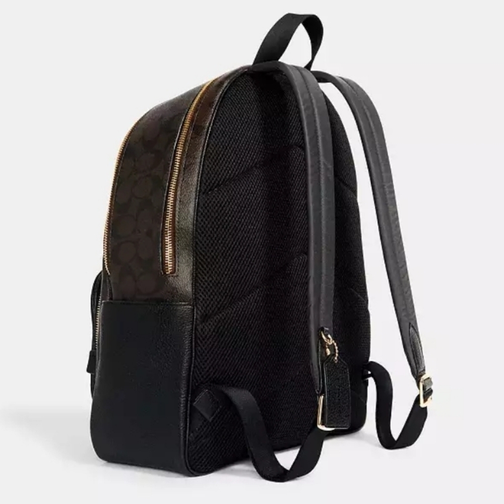 New! Coach Large Court Backpack in Signature Canvas Leather Gold Brown Black - Picture 2 of 16